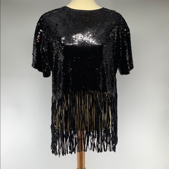 Zara Tops - ZARA Black Sequin Fringe Short-sleeve  Crop Top